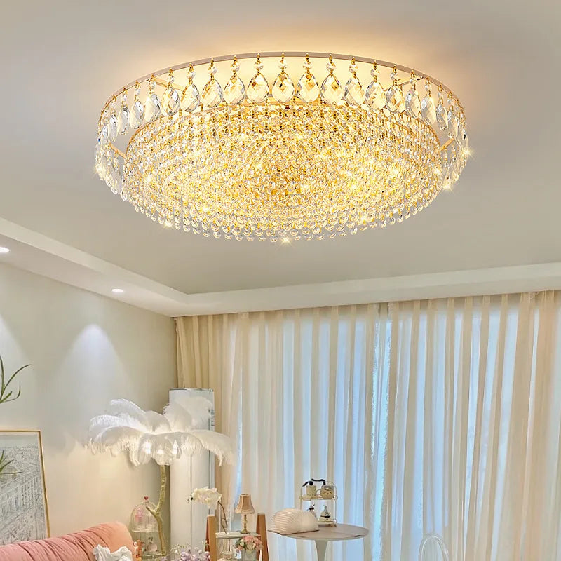 Luxury Crystal LED Ceiling Chandelier for Living Room, Gold Hanging Lamp Modern Home Decor Lustre