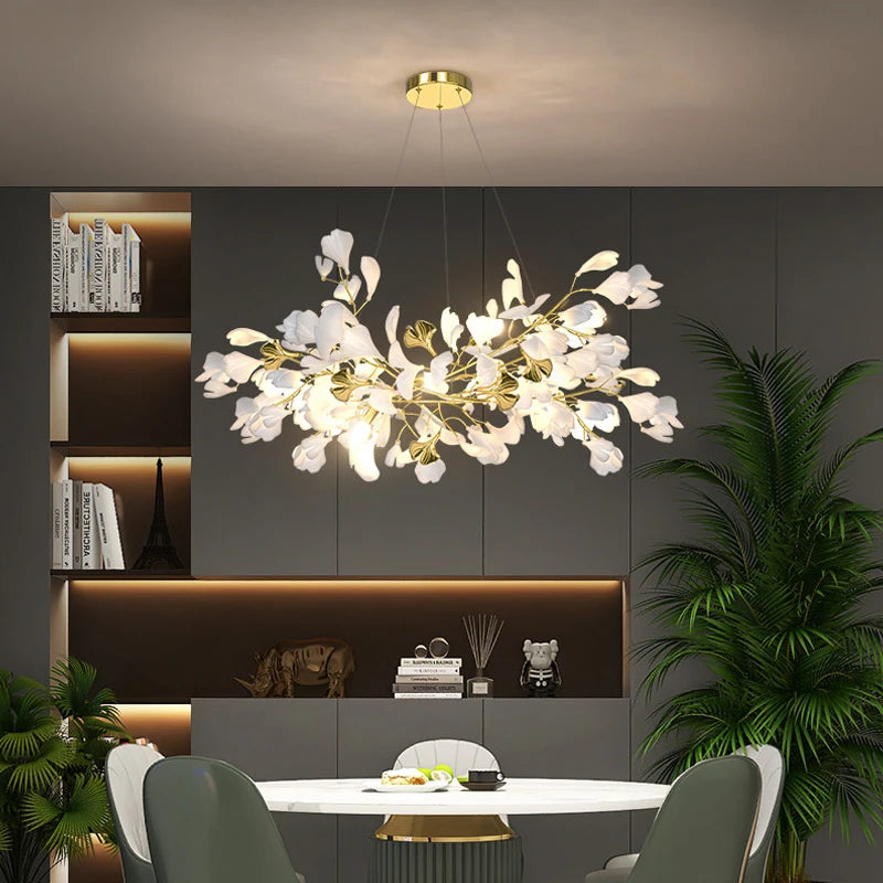 Modern Ceramic Chandelier Ginkgo Biloba Design for Home Villa Living Room Pendant Lamp Hanging Fixture