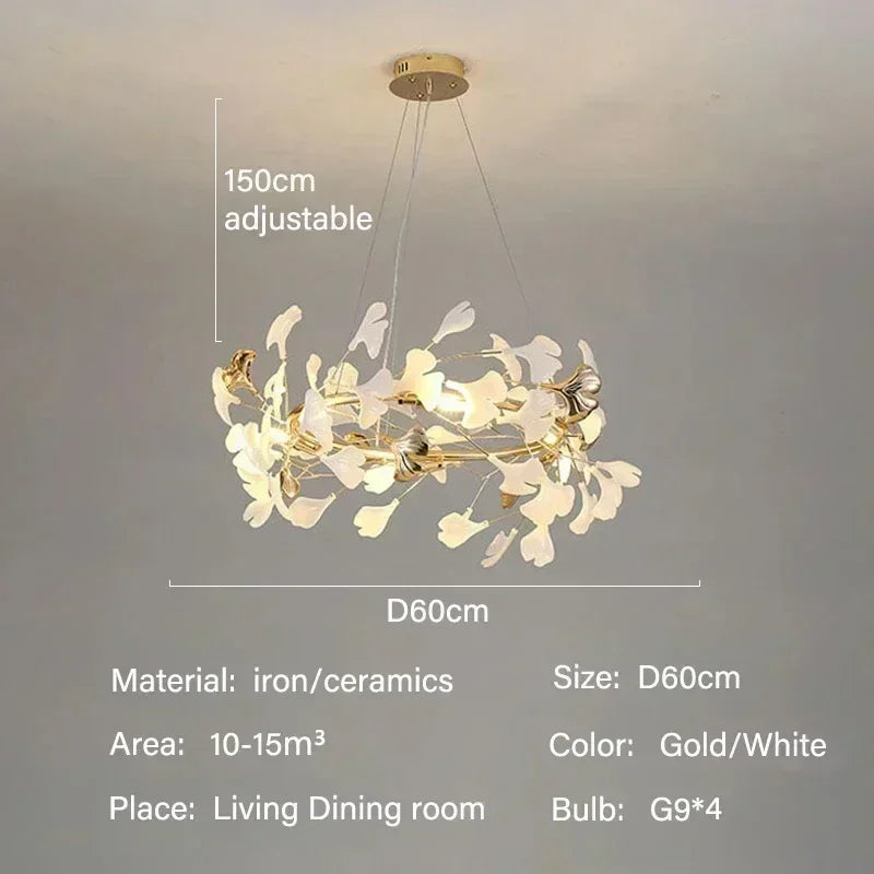 Luxury Ginkgo LED Chandelier Lustre Pendant Light for Living Dining Room Hotel Bar Hanging Fixture Decor