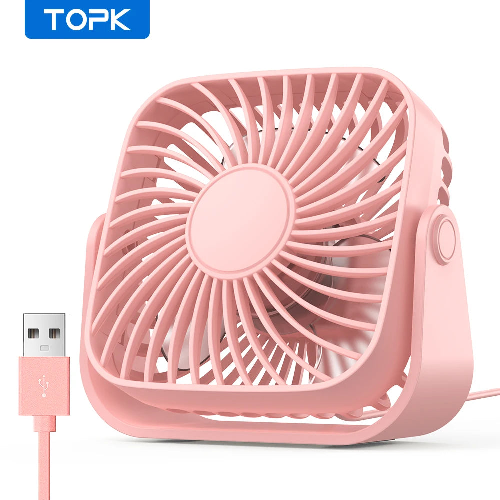 TOPK 4-Inch USB Mini Portable Fan for Camping - 3-Speed Quiet Desk Table Personal Fan with 360° Adjustment for Home