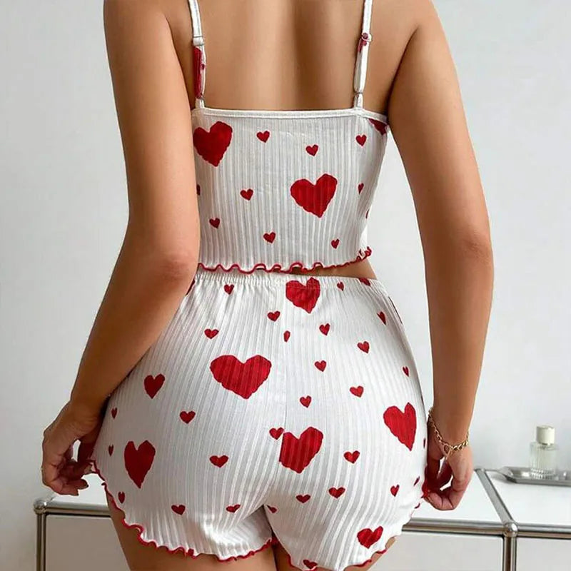 Women's Pajamas Set Sleepwear - White Short Tank Top and Shorts, Soft Breathable Casual Sleepwear with Print