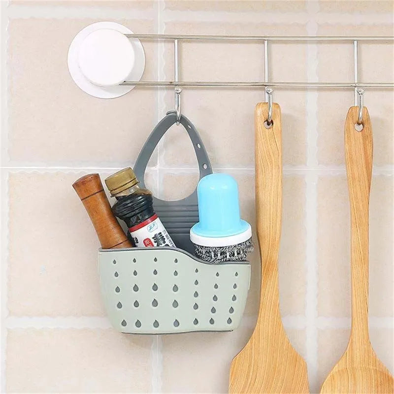 Adjustable Sink Draining Hanging Basket - Rubber Sink Bag, Soap Sponge Shelf and Faucet Holder for Kitchen and Bathroom