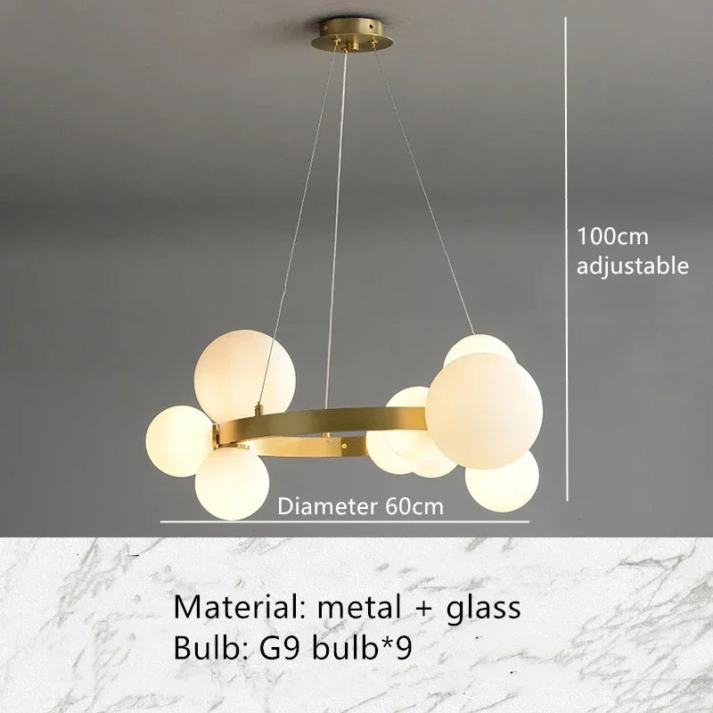 Clear White Glass Ball Chandelier, Adjustable Cord Suspension Lamp for Parlor Dining Room Bedroom with G9 Bulb
