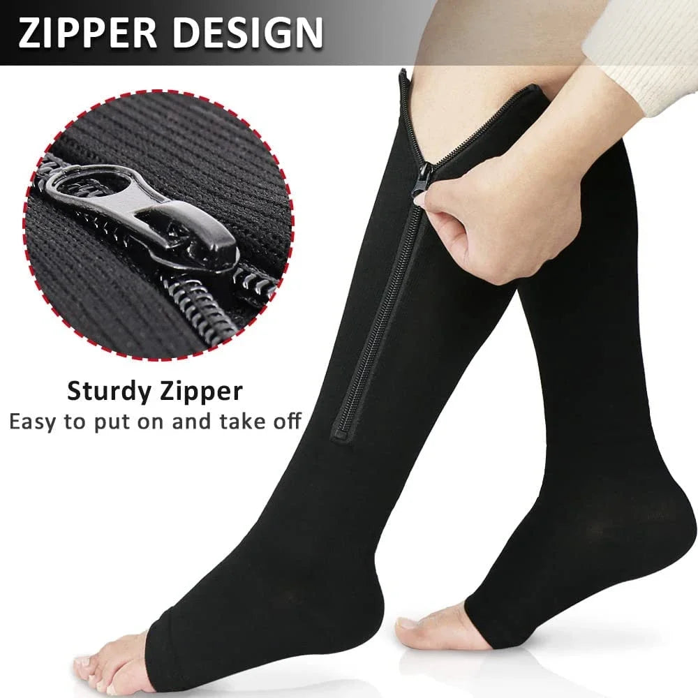 Zipper Compression Socks for Women and Men - Calf Knee High 15-20mmHg Open Toe Compression Stockings for Walking