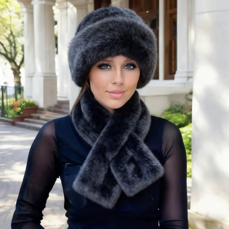 Luxury Faux Fur Hat & Scarf Set Warm Elegant Versatile Winter Wear for Cold Commute High-End Holiday Party
