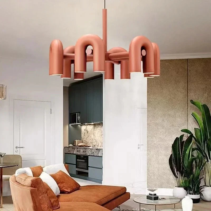 Modern Luxury U-Shaped Metal LED Pendant Light in Black & Orange for Living & Dining Room