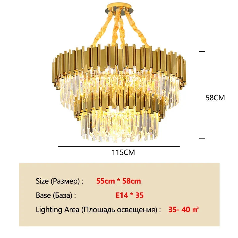Luxury Modern Gold LED Chandelier K9 Crystal Tricolor Pendant Light for Interior Ceiling Dining & Living Room Bedroom
