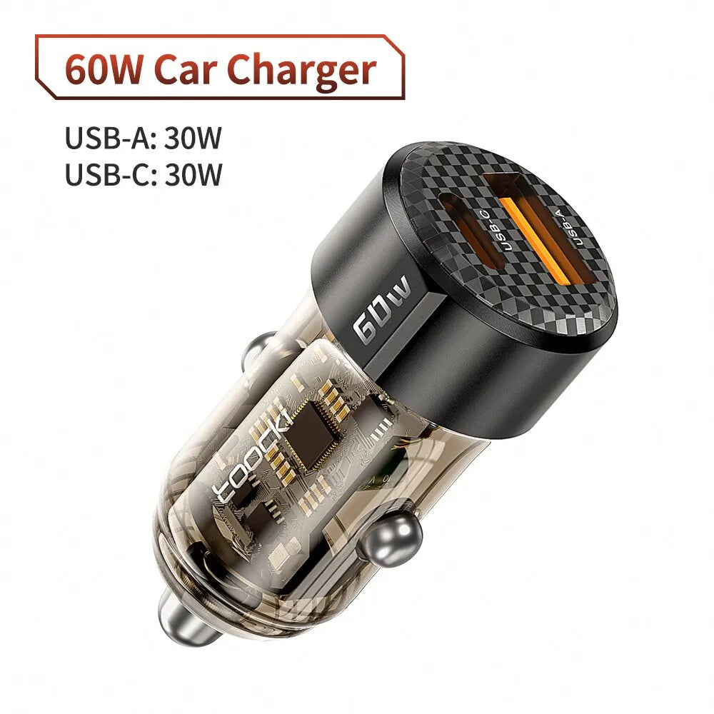 Toocki 60W Car Charger - Transparent PD 27W Fast Charger for iPhone 15/14/13/12, Xiaomi, Poco and Samsung