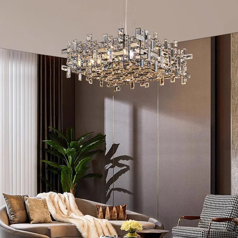 Luxury Chrome LED Crystal Chandelier for Home Villa Living & Dining Room Ceiling Pendant Lighting Fixture