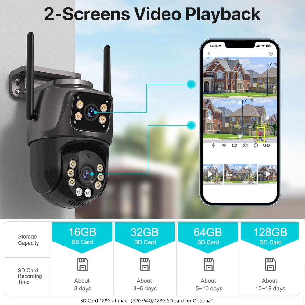 4K 8MP HD WiFi PTZ Camera Outdoor Dual Lens Dual Screen AI Auto Tracking IP CCTV Camera Audio Video Surveillance P2P iCSee