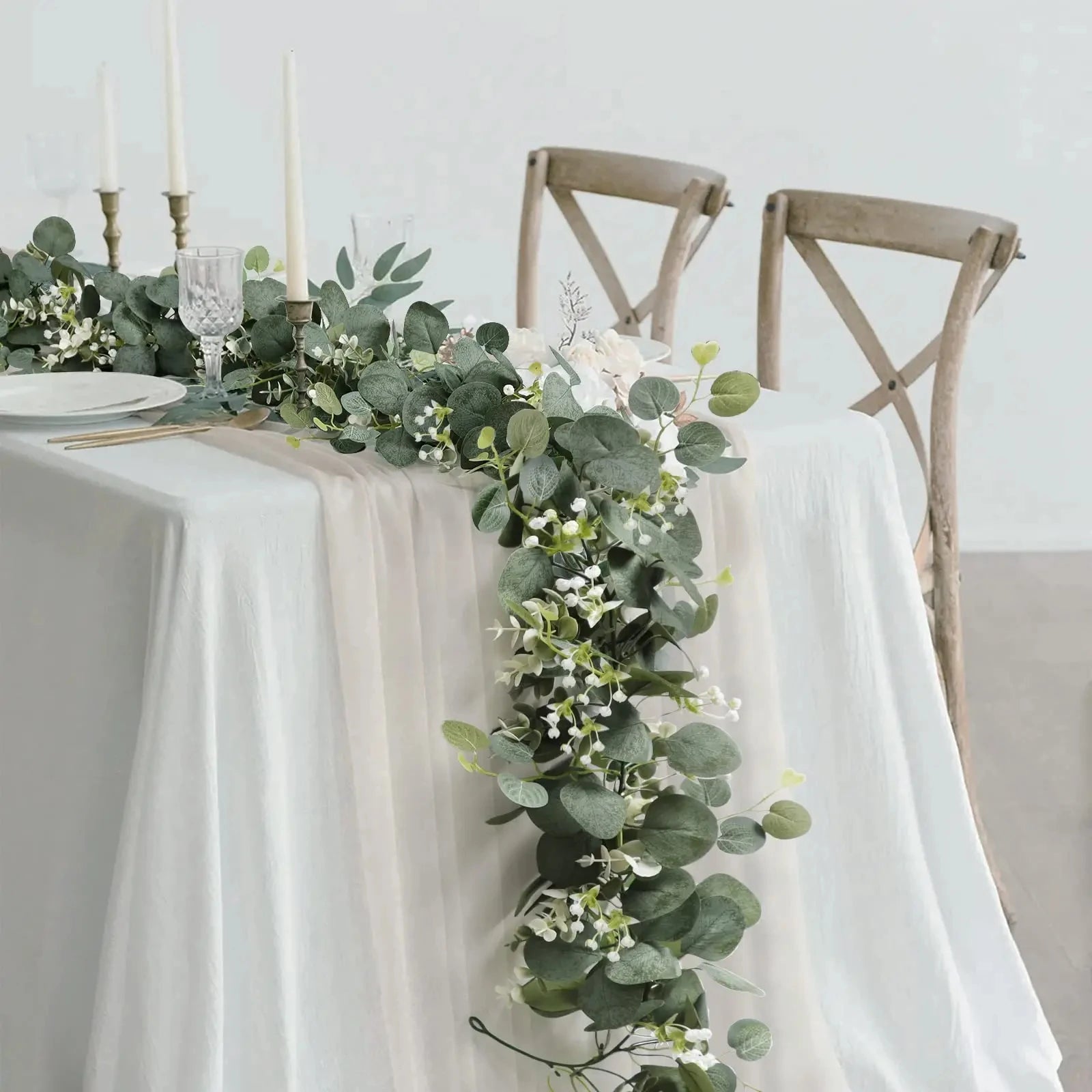 Artificial Eucalyptus Leaves Greenery Garland Faux Plant Spring Vines with White Flowers and Berries for Wedding Home Party Decor