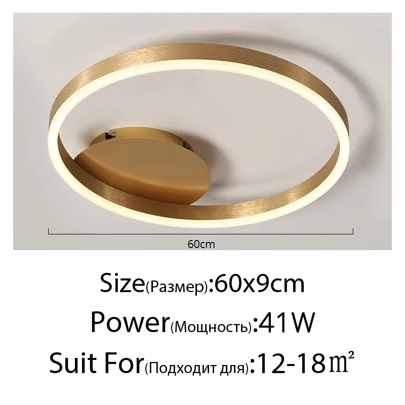 Household Gold LED Chandelier 3-Ring Metal Lamp for Bedroom Living & Dining Room Brown Glossy Indoor Home Lighting