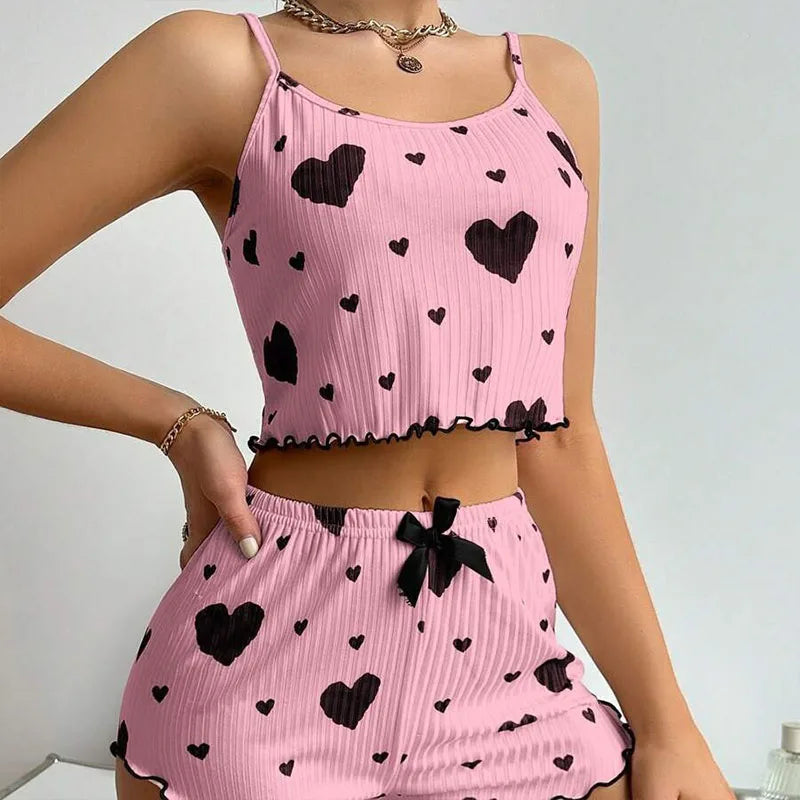 Women's Pajamas Set Sleepwear - White Short Tank Top and Shorts, Soft Breathable Casual Sleepwear with Print