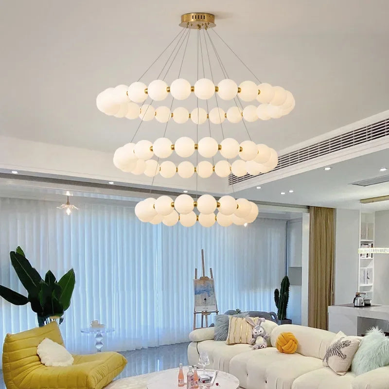Nordic Modern Luxury LED Chandelier - Cream Pearl Circle Pendant Light for Living Room, Dining & Bar