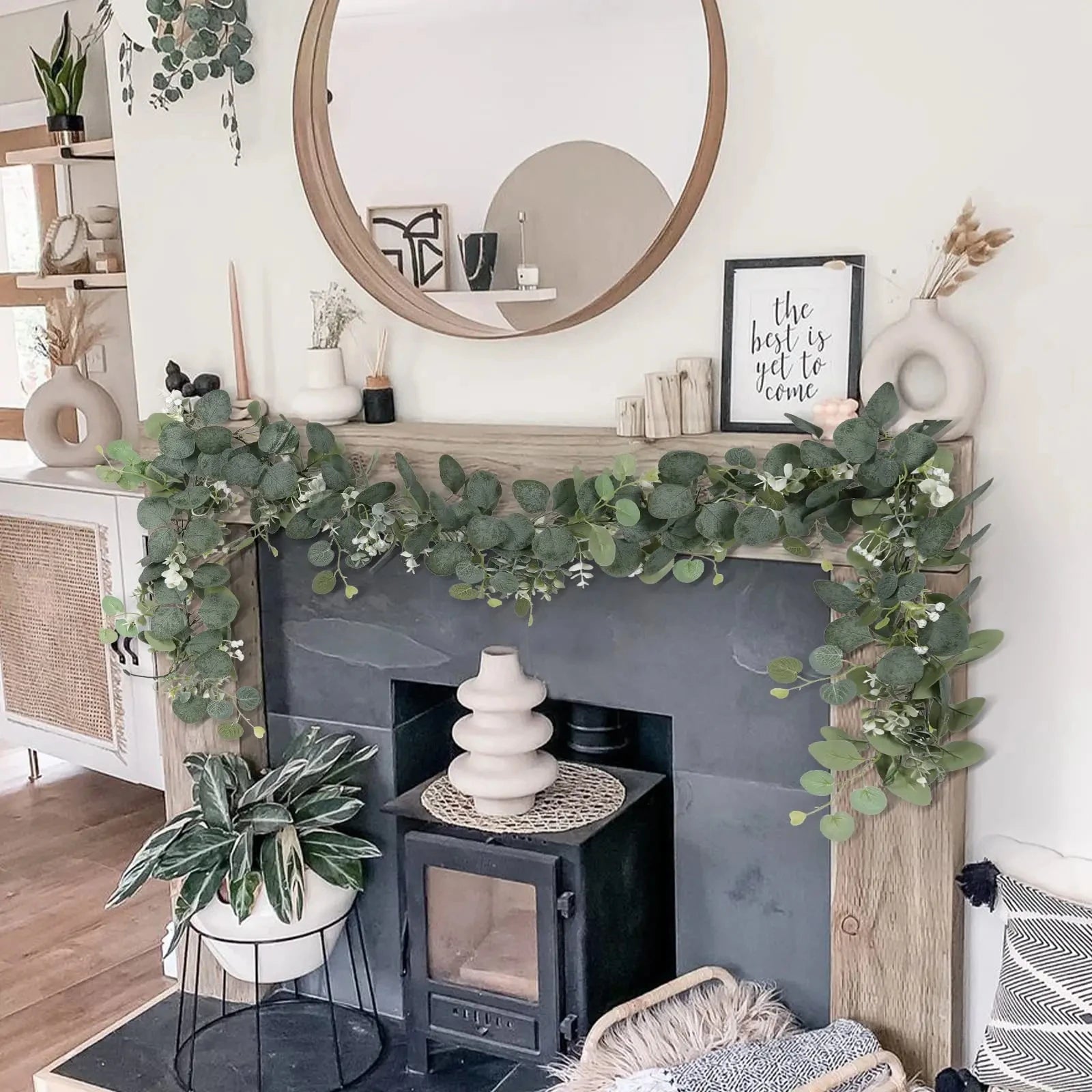 Artificial Eucalyptus Leaves Greenery Garland Faux Plant Spring Vines with White Flowers and Berries for Wedding Home Party Decor