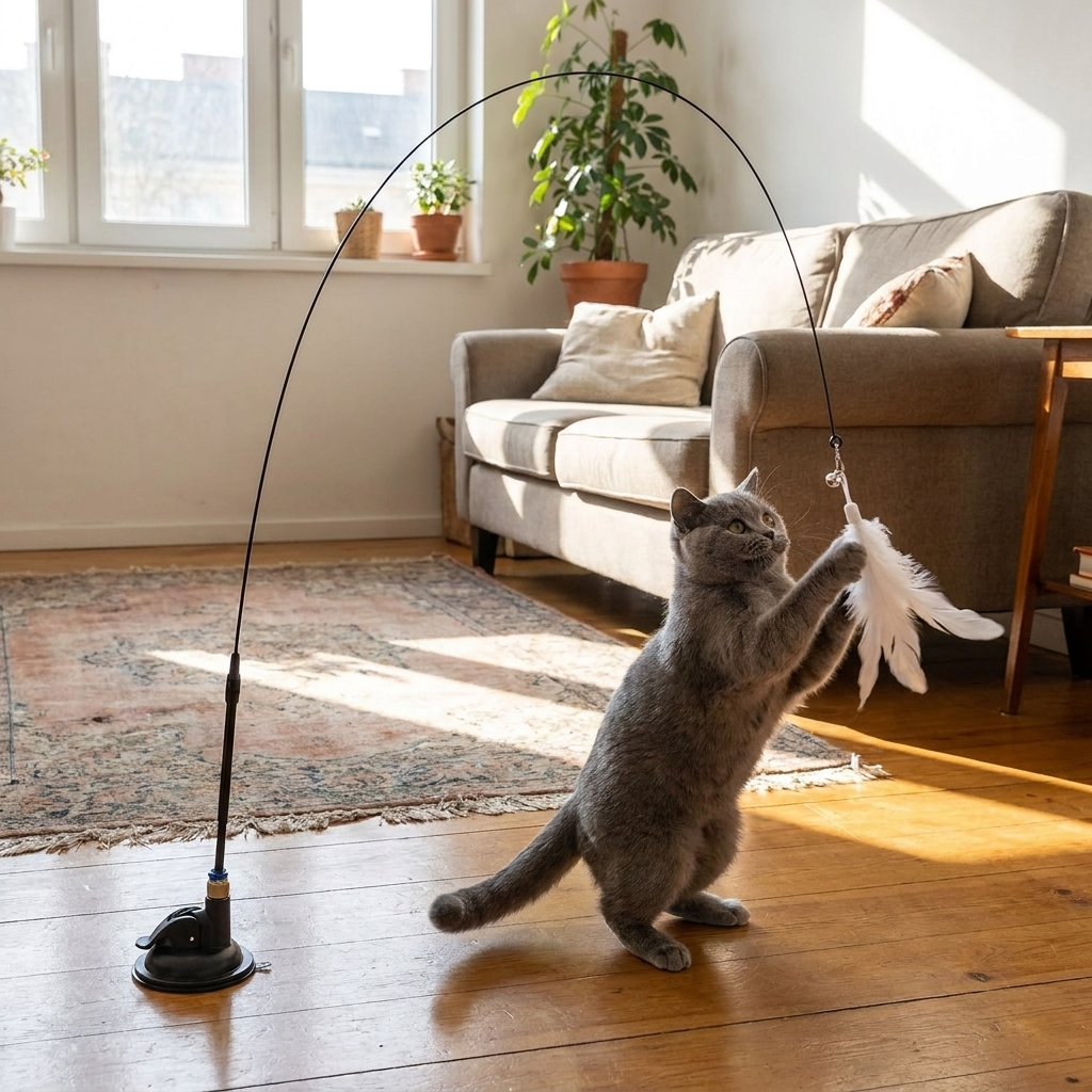 Cat Teaser Toy - Interactive Bell & Feather Wand - Long Suction Cup Pole for Exciting Playtime Adventures - Ultimate Cat Toy in use