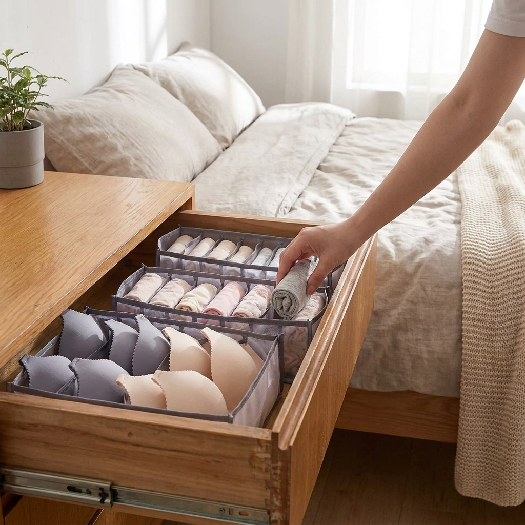 11 Compartment Home Collapsible Underwear Storage Box Nylon Organizing Dormitory Storage Bra Organizing Breathable Mesh Bag in use