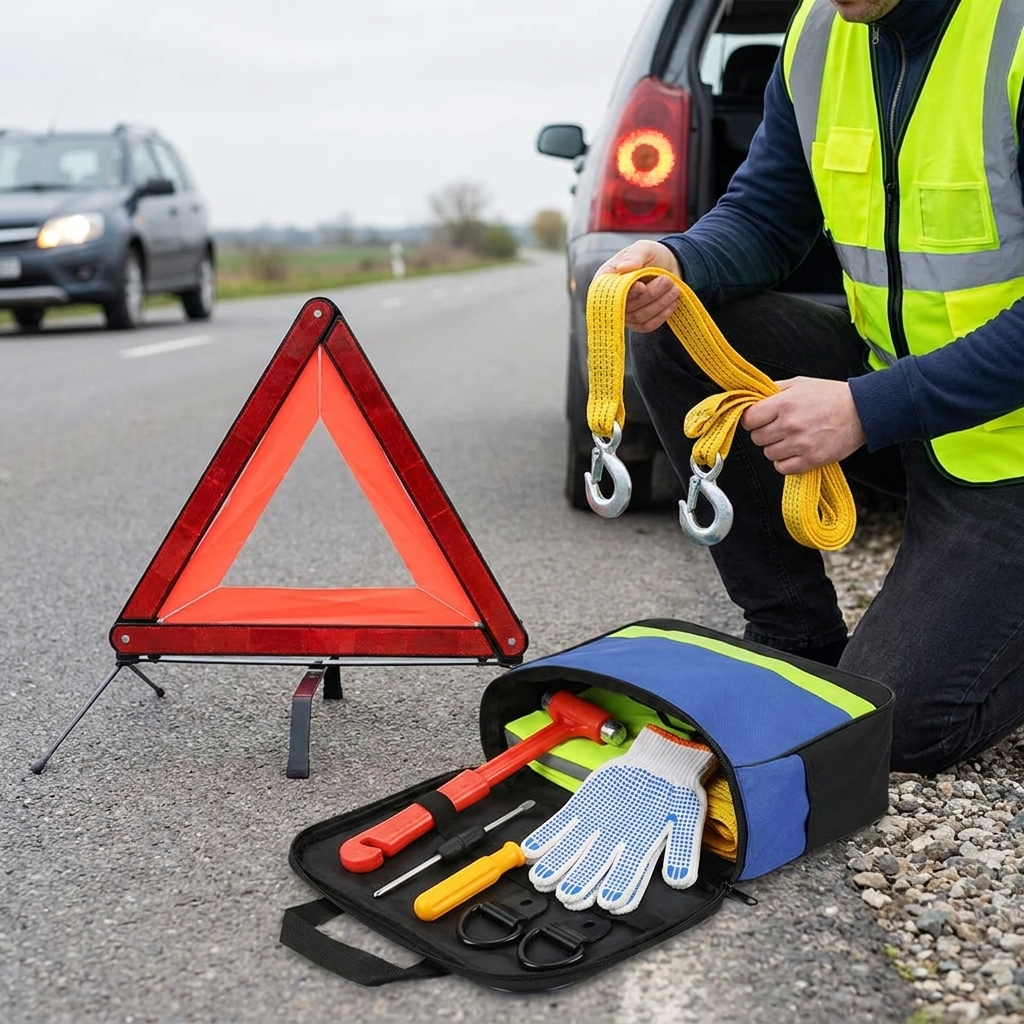 New Car Emergency Roadside Assistance Kit Jumper Cable Tow Strap First Aid Supplies Multipurpose Pack Motorist Self-defense Tool in use