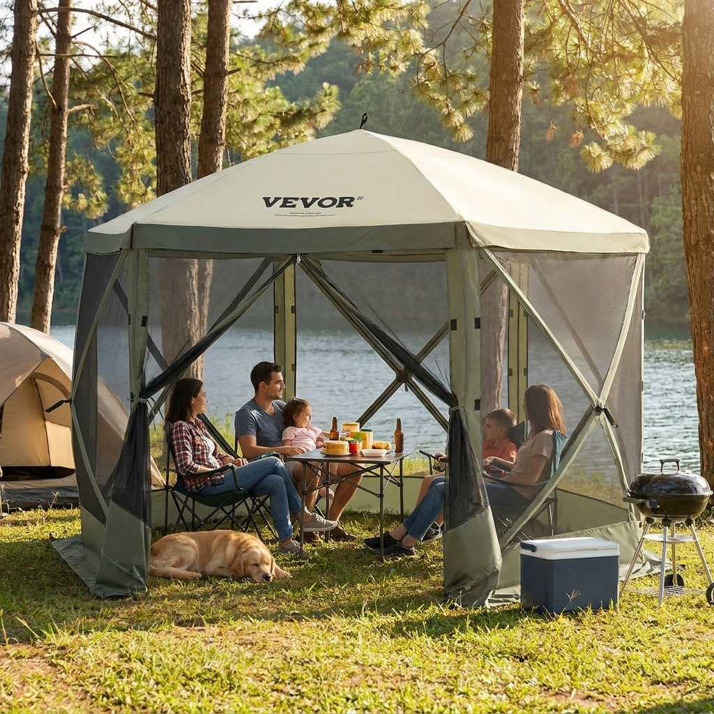SucceBuy Pop Up Gazebo Tent, Pop-Up Screen Tent 6 Sided Canopy Sun Shelter with 6 Removable Privacy Wind Cloths & Mesh Windows in use