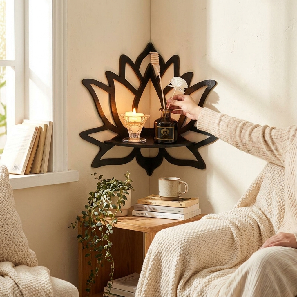 Wooden Lotus Hollow Decorative Rack Aromatherapy Organiser Essential Oil Candle Holder Wall Mounted Shelf Corner Shelf in use