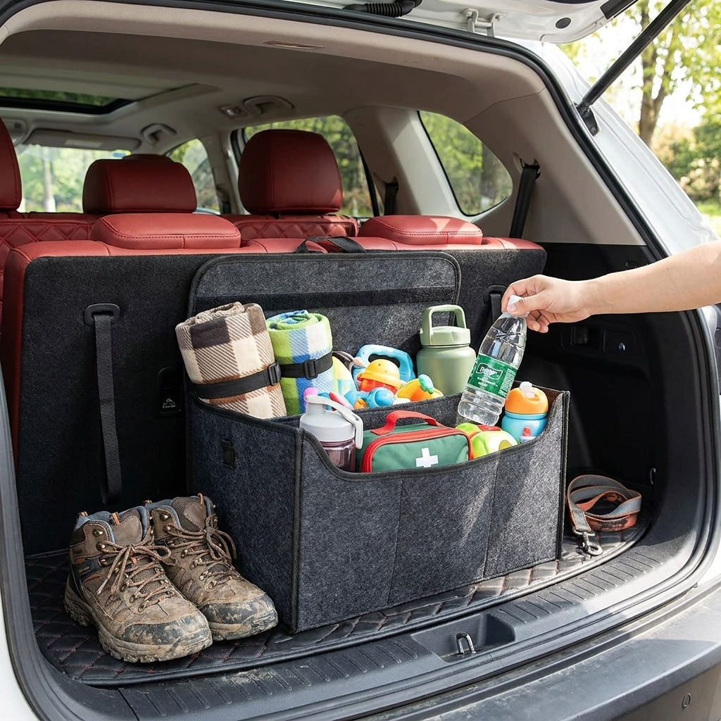 Large Anti Slip Compartment Boot Storage Organizer Tool Car Storage Bag Car Trunk Organizer Soft Felt Storage Box Accessories in use