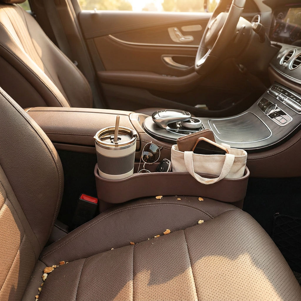 Creative and Practical Automotive Interior Products: Car Seat Gap Plug, Anti-leak Strip, Multi-functional Storage Box in use