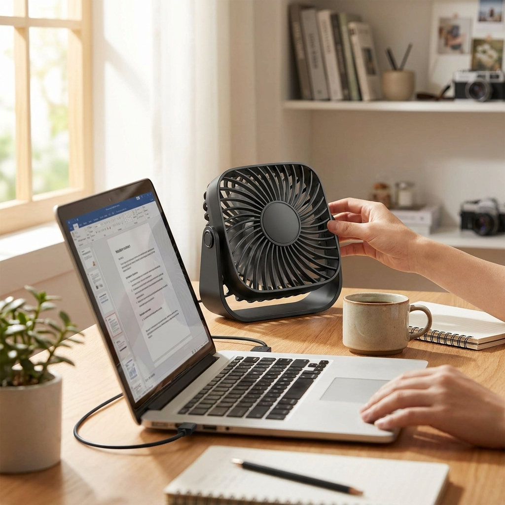 TOPK 4Inch USB Mini Portable Fan for Camping,3 Speeds Quiet Desk Table Personal Fan,360Adjustment Standing Fans for Room Home in use