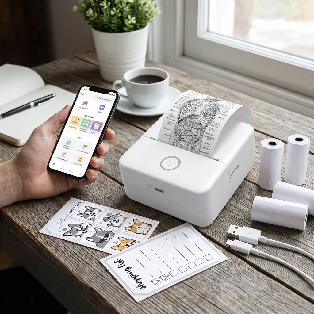 Thermal Mini Printer, Portable Inkless Sticker Maker,Bluetooth Free Cut Small Pocket Printer for Children DIY 57mm Photo Print in use