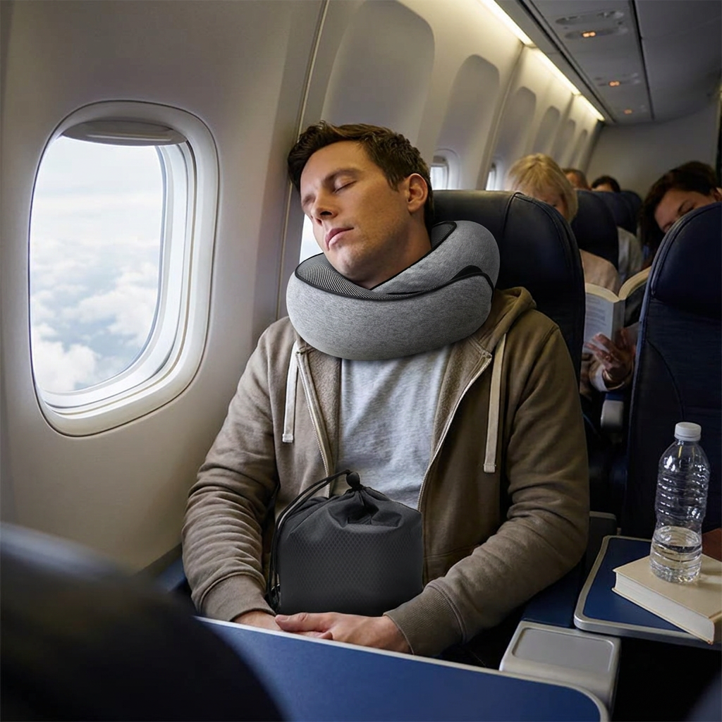 Travel Neck Pillow Memory Foam U-shaped Pillow Snail Style Travel Neck Support Portable Adjustable Soft Noon Break Sleep Pillows in use