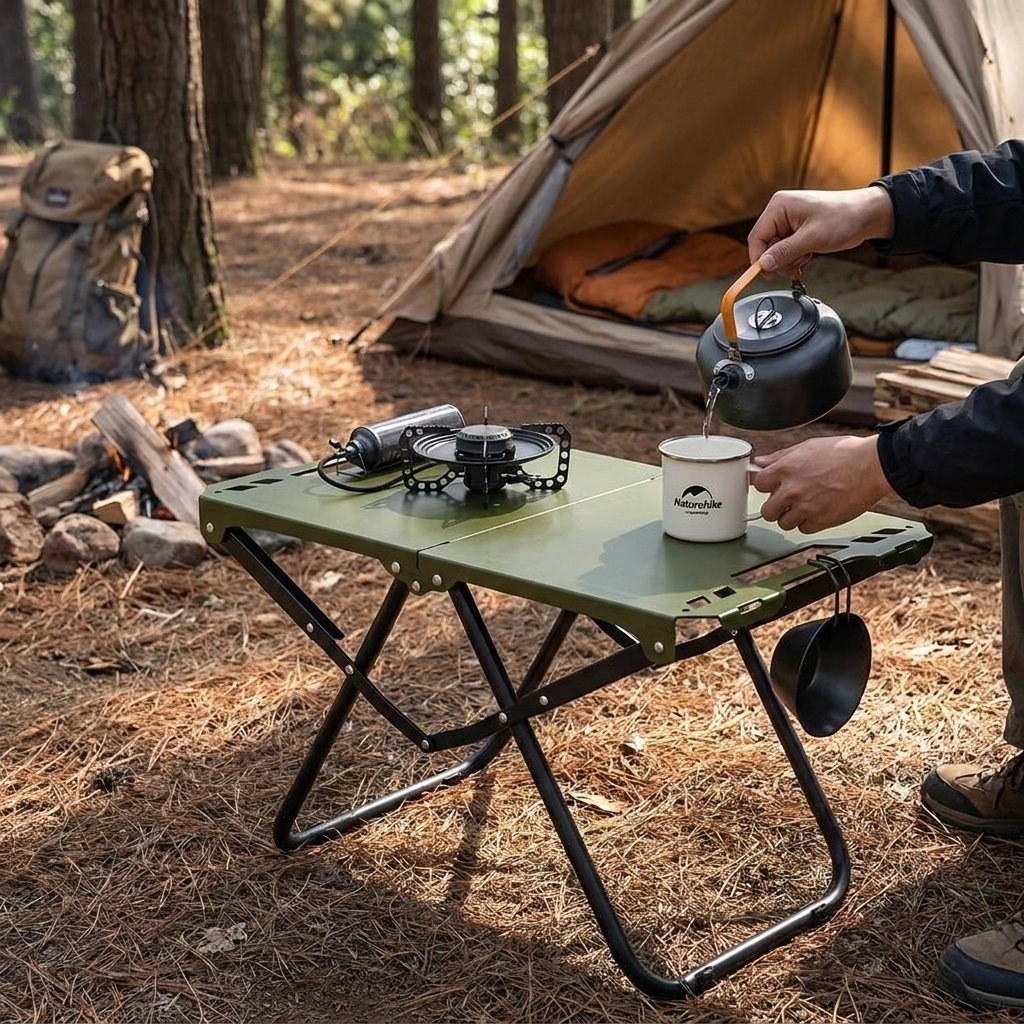 Lightweight Carbon Steel Portable Foldable Camping Table - Multipurpose BBQ & Picnic Table for Outdoor Travel, Hiking & Camping in use