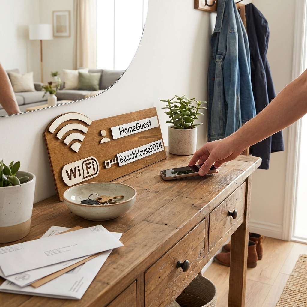 2D Wooden WiFi Password Sign with Erasable Board & Marker, Summer Home/Office/ Airbnb Guest Room Decor for Easy WiFi Access in use
