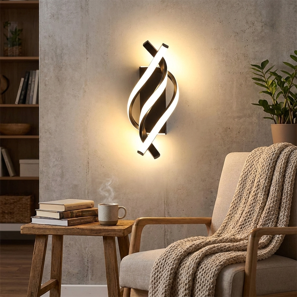 Curved Spiral Design LED Wall Lamp for Bedroom Bedside Corridor Living Room Staircase Corridor Lighting Fixture Home Decor Light in use