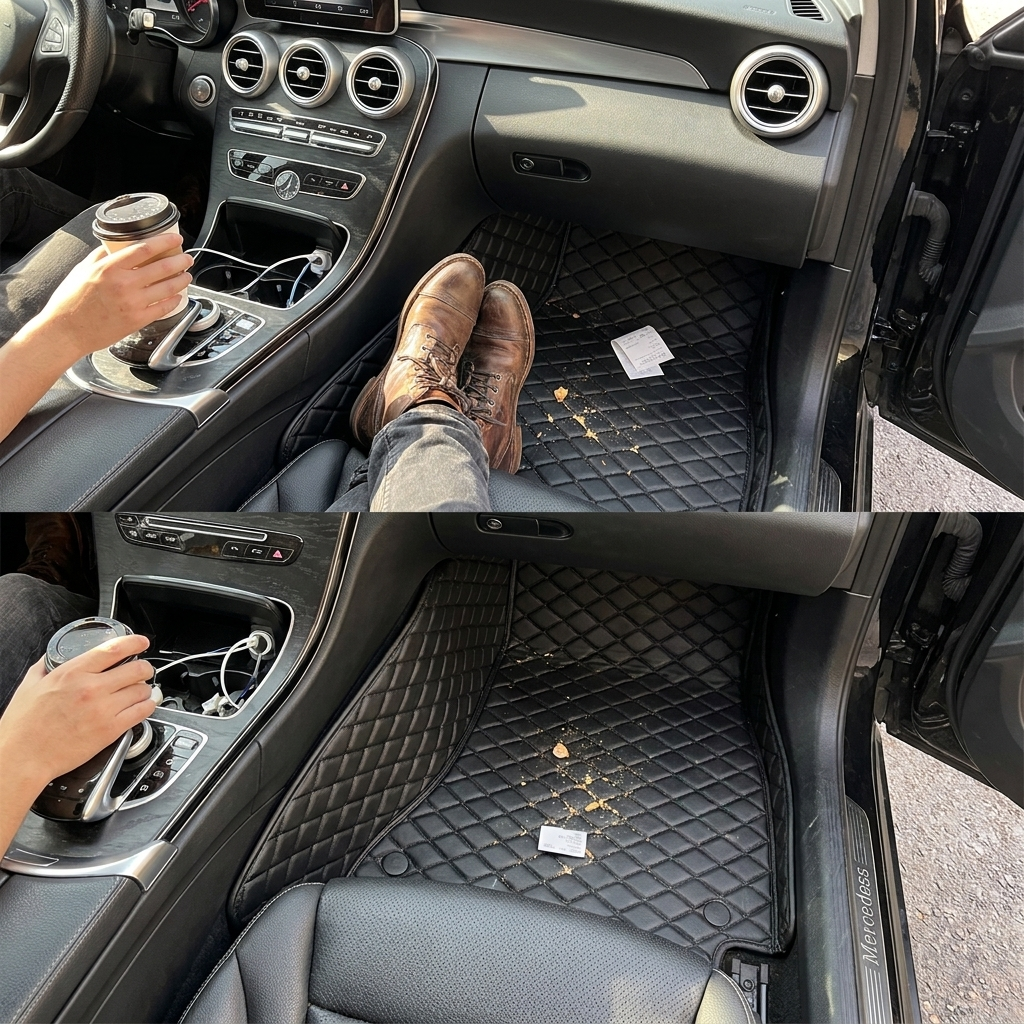 Universal 5Pcs Car Floor Mats PU Leather Waterproof Dust-Proof Auto Carpet Protector pads Fashion Car Interior Accessories in use
