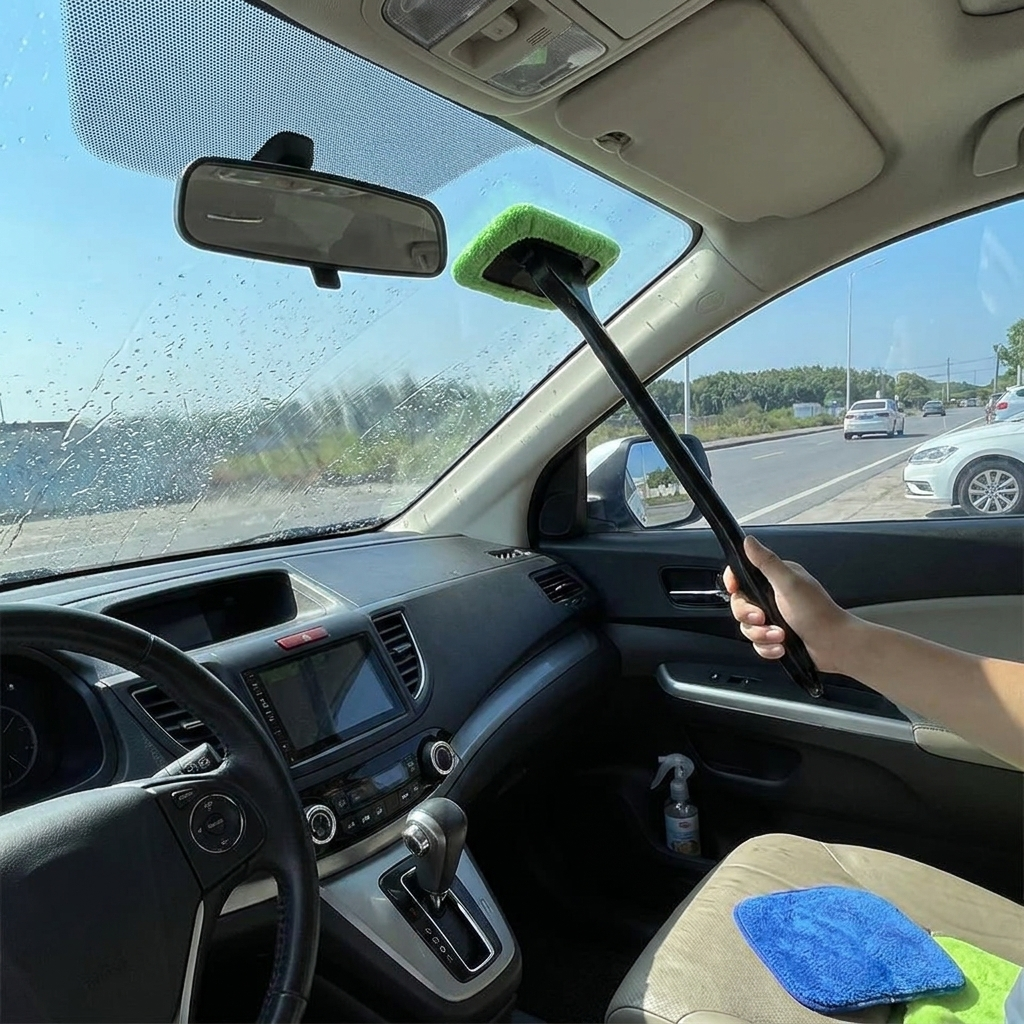 Car Window Cleaner Brush Kit Windshield Cleaning Wash Tool Inside Interior Auto Glass Wiper with Long Handle Car Accessories in use
