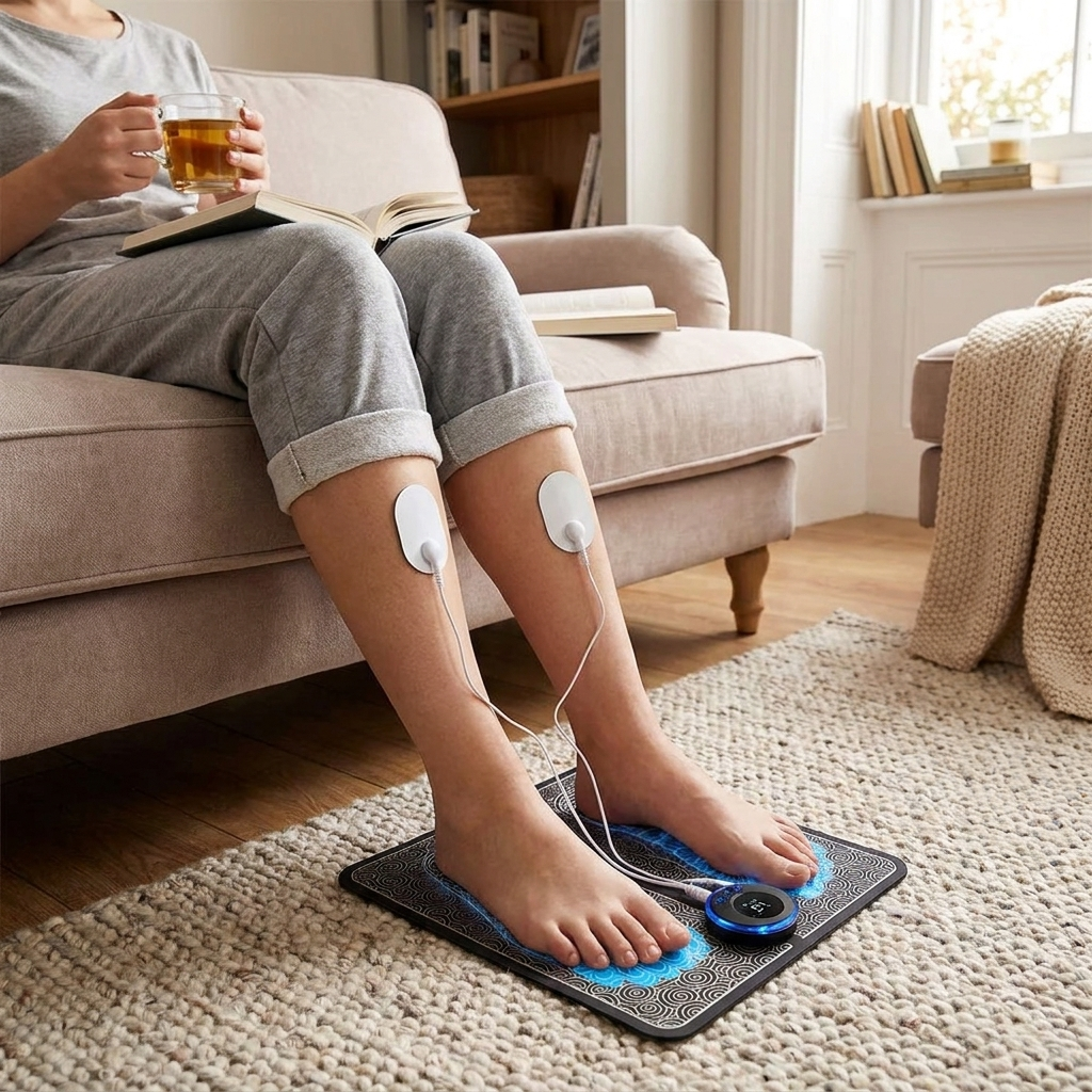 EMS Foot Massager Pad Relief Pain Relax Feet Acupoints Massage Electric Muscle Stimulation Improve Blood Circulation Relax Feet in use