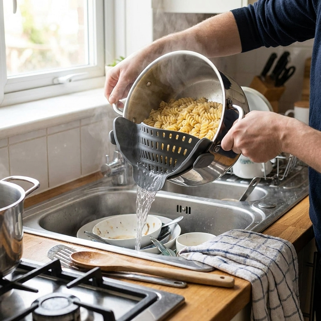 1pc, Strainer, Pot Strainer, Adjustable Clip On Strainer For Pots Pans And Bowls, Kitchen Pot Strainer in use