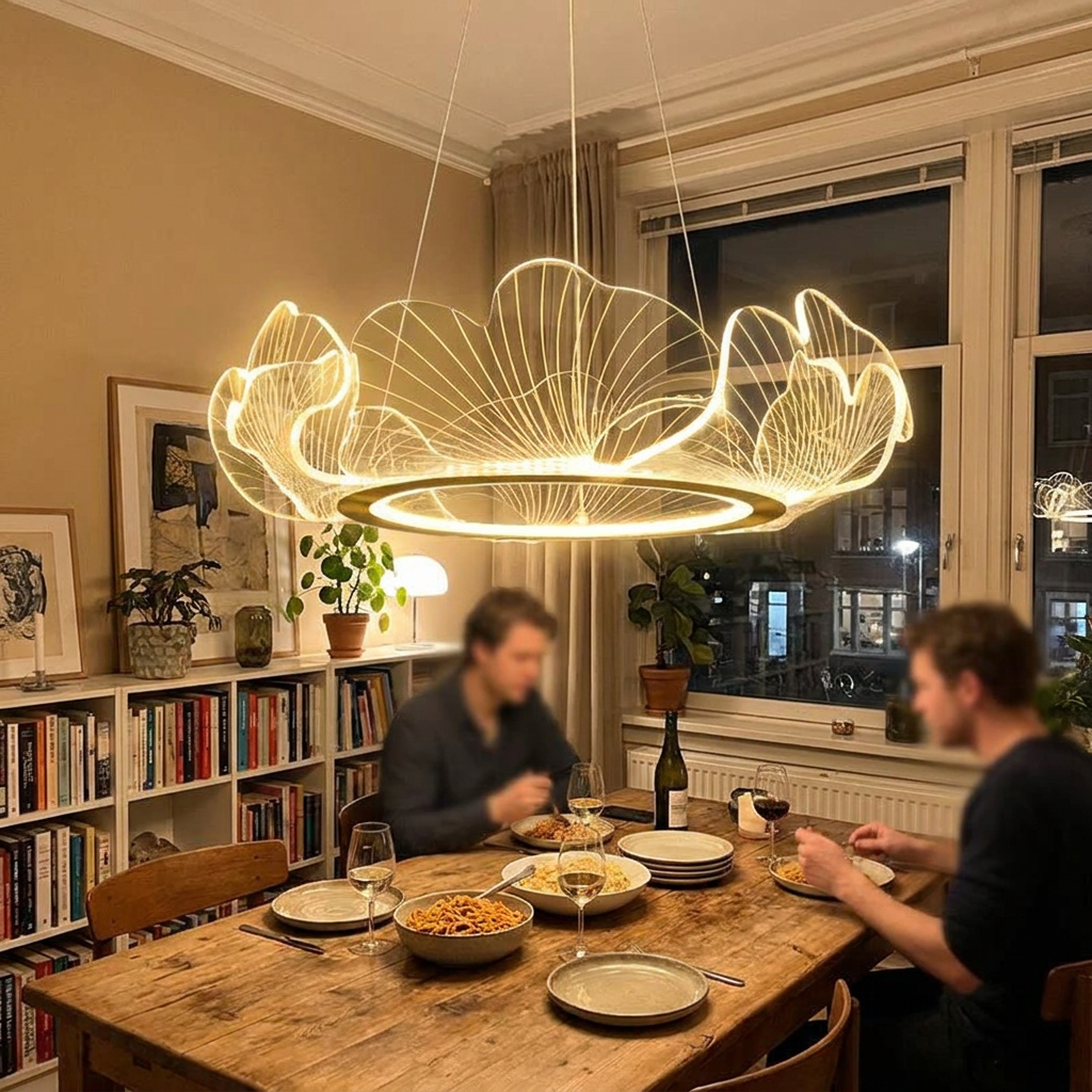 Modern Petal Pendant Light Ring Highlight Acrylic Restaurant Bedroom Decorativos Deluxe Design Living Room Hanging Lamp Fixtures in use