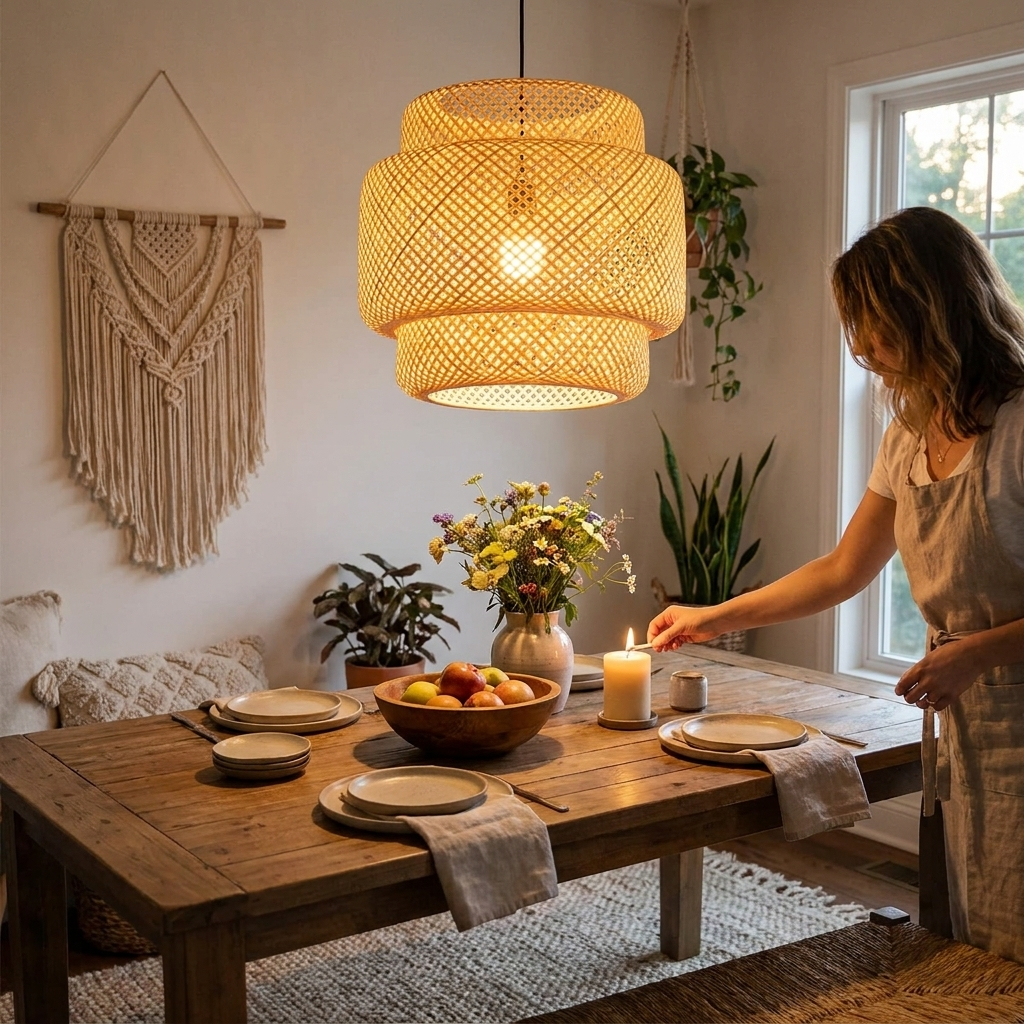 30cm Modern Bamboo Pendant Light Hand Woven Bamboo Art Chandelier Dining Room Lantern Chandelier Bedroom Dining Room Lamp in use