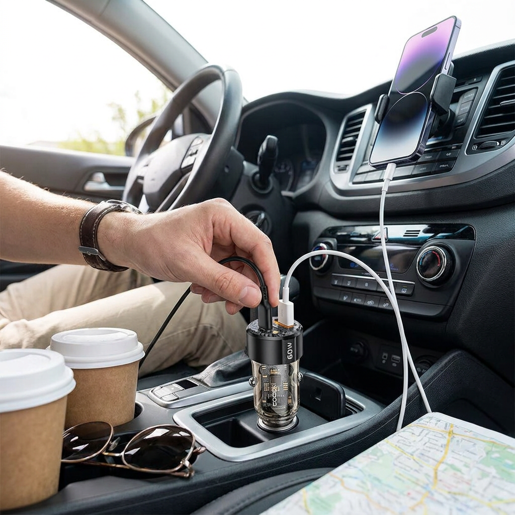 Toocki 60W Car Charger 30W Quick Charge Transparent Case PD 27W for iPhone 15 14 13 12 Xiaomi Poco Samsung Fast Charger Charging in use