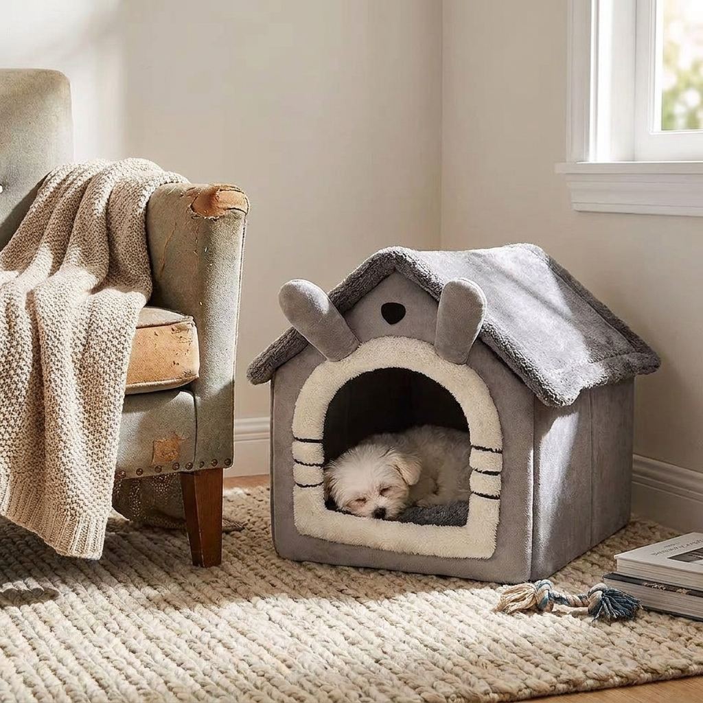All Season Dog House Style Bed - Removable Washable Pet Bed for Small Dogs Teddy Winter Warm Cat Dog House in use