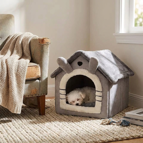 All Season Dog House Style Bed - Removable Washable Pet Bed for Small Dogs Teddy Winter Warm Cat Dog House in use