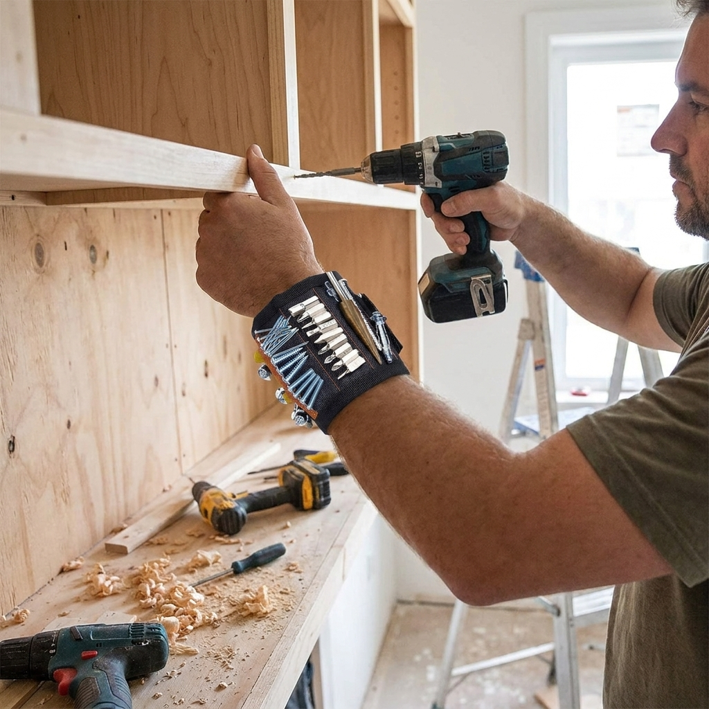 Magnetic Wristband for Holding Screws, Nails, Drilling Bits, Wrist Tool Holder Belts with Strong Magnets in use