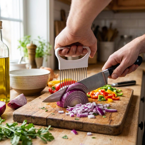 Colorful Onion Slicer Kitchen stainless steel potato chip onion holder in use