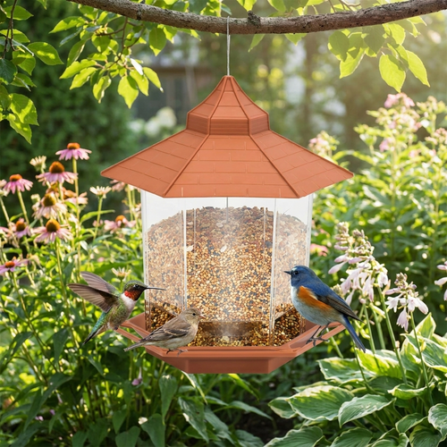Automatic Bird Feeder Hanging Food Feeding Tool Gazebo Outdoor Birds Feeder Multiple Hole Nut Feeding House Bird Food Container in use