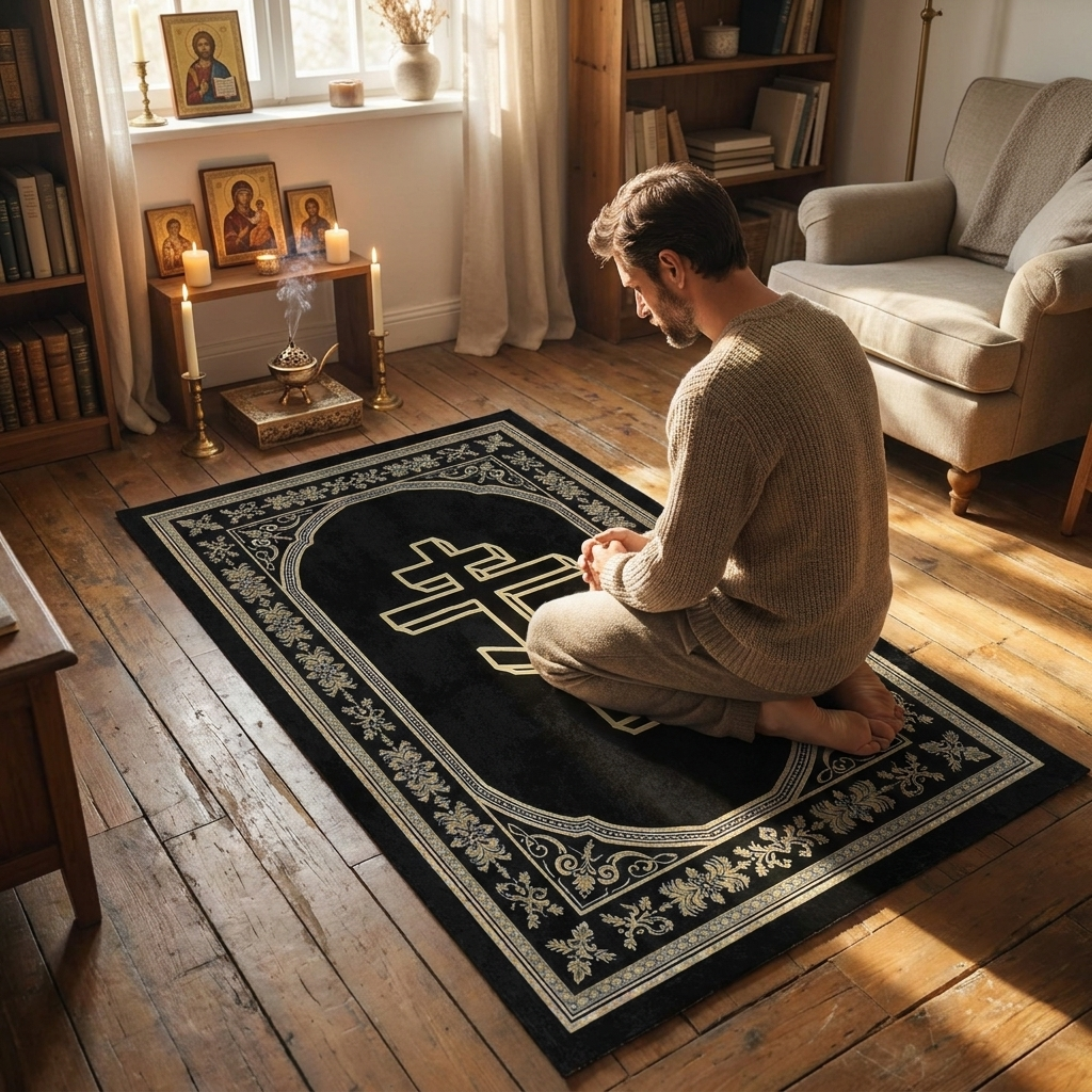 Classical Greek Key Orthodox Cross Area Rug Christian Prayer Mat Rugs for Bedroom Home Carpets Bedroom Decor Area Rug in use