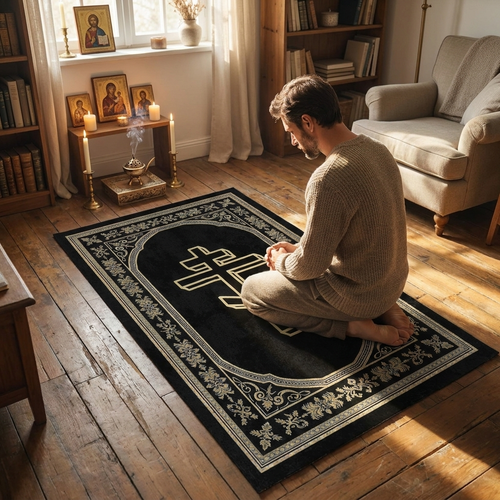 Classical Greek Key Orthodox Cross Area Rug Christian Prayer Mat Rugs for Bedroom Home Carpets Bedroom Decor Area Rug in use