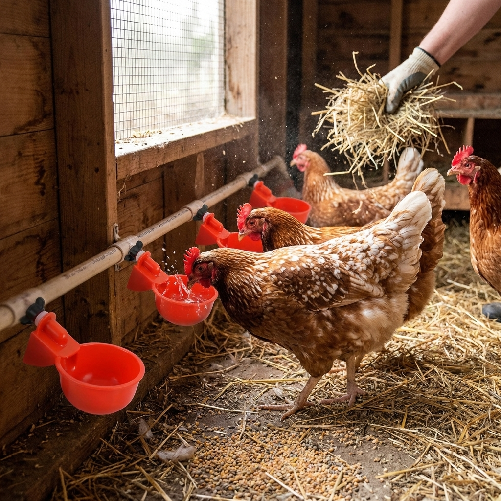 2/10cs Chicken Drinking Bowl Poultry Automatic Water Dispenser Pigeon Automatic Water Dispenser Small Chick Feeding Bowl in use