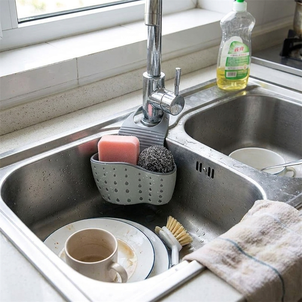 Sink Draining Hanging Basket Adjustable Kitchen Accessories Rubber Sink Bag Soap Sponge Shelf Faucet Holder in use