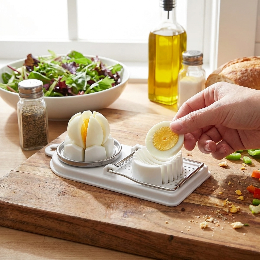 Multifunctional PP Base egg cutter 2-in-1 stainless steel wire pull egg cutter in use
