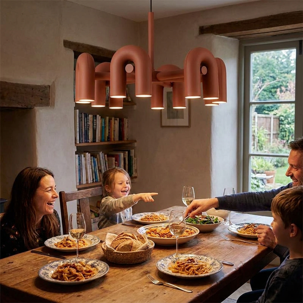 Modern Luxury Black Orange LED U-shaped Metal Pendant Light Living Room Dining Room Indoor Home Hanging Decorative Fixtures in use